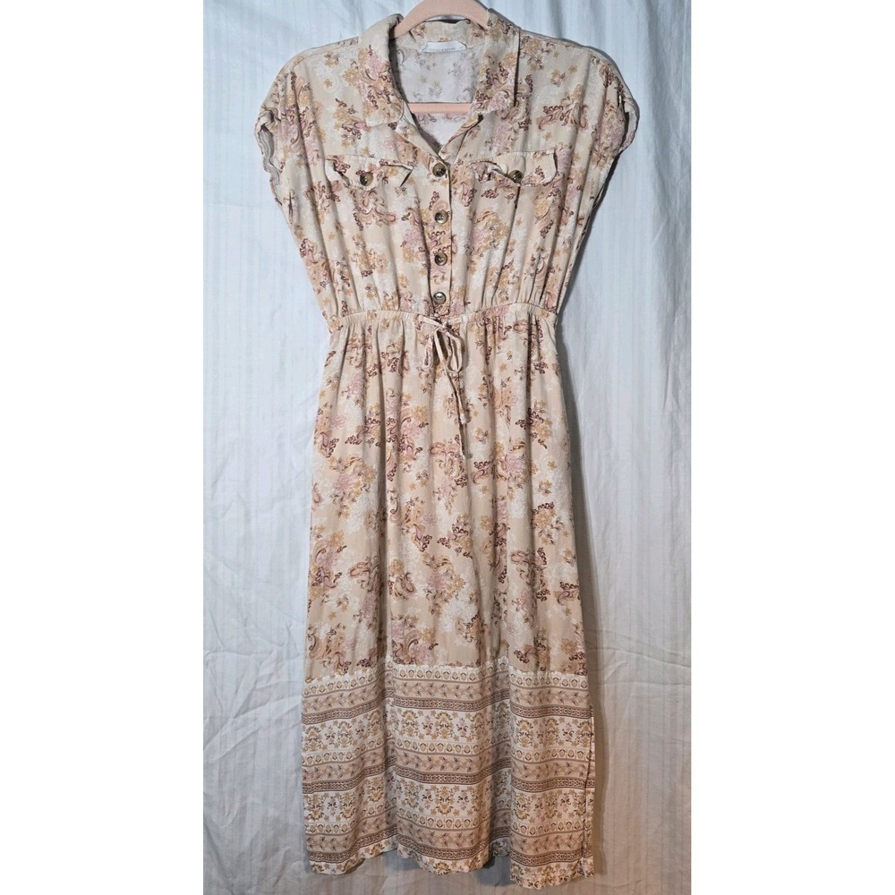 Lucky Brand Short Sleeve Midi Shirt Dress Size Large Prairie Bohemian Floral